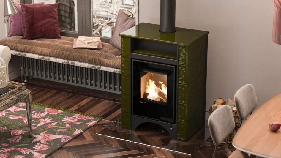 Krbová kachlová kamna HS FLAMINGO AQUAFLAM VARIO PERU 11/5 - zelená v interiéru I