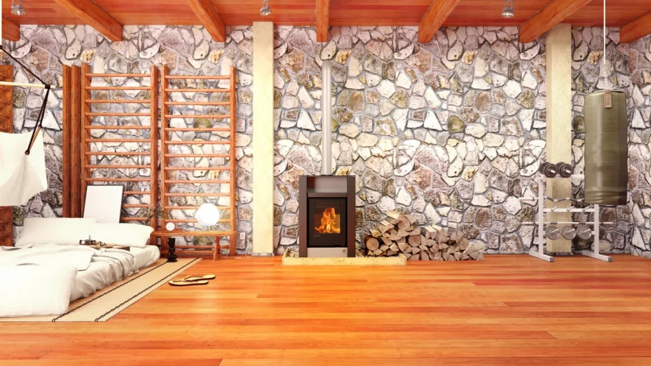 Krbová plechová kamna HS FLAMINGO AQUAFLAM VARIO LEND 11/5 šedá v interiéru