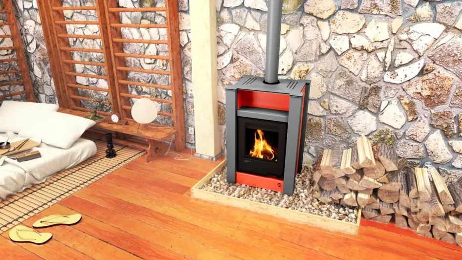 Krbová plechová kamna HS FLAMINGO AQUAFLAM VARIO LEND 11/5 červená v interiéru