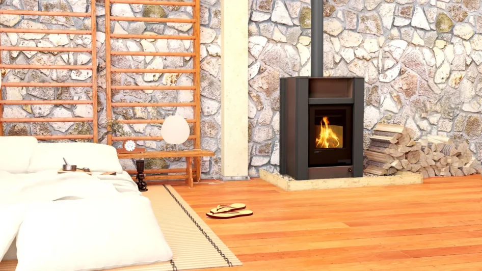 Krbová plechová kamna HS FLAMINGO AQUAFLAM VARIO LEND 11/5 hnědá - sametová v interiéru